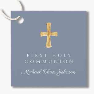 Modern Dusty Blue Cross Boy First Communion Favor Tags