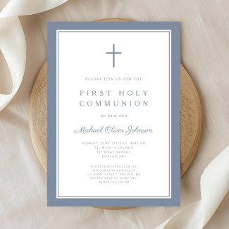 Modern Dusty Blue Cross Boy First Communion