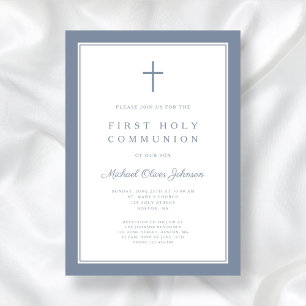 Modern Dusty Blue Cross Boy First Communion Invitation