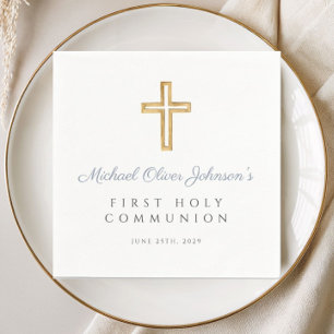 Modern Dusty Blue Cross Boy First Communion Napkins