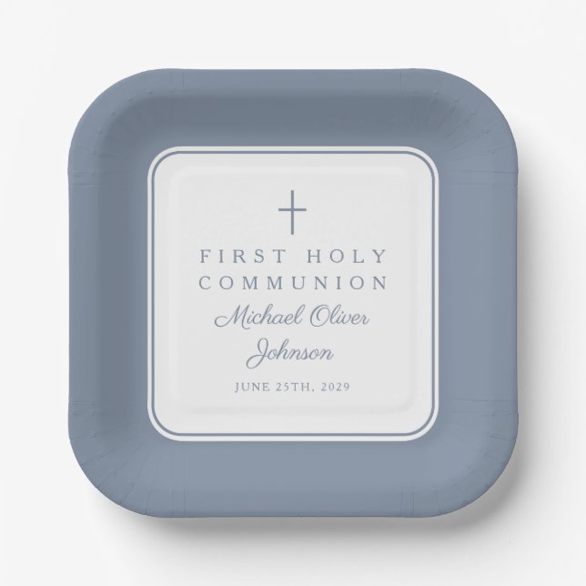 Modern Dusty Blue Cross Boy First Communion Paper Plates (Front)