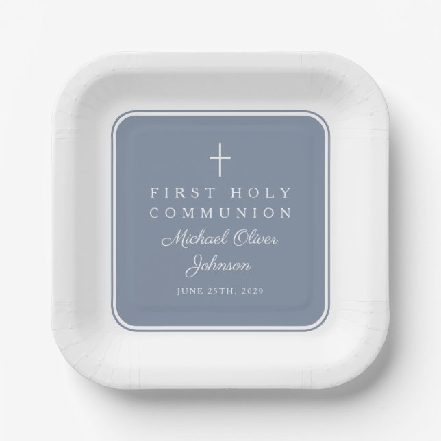 Modern Dusty Blue Cross Boy First Communion Paper Plates (Front)