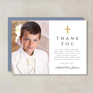 Modern Dusty Blue Cross Boy First Communion Photo Thank You Card