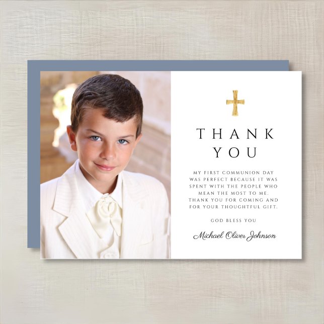 Modern Dusty Blue Cross Boy First Communion Photo Thank You Card (Modern Dusty Blue Cross Boy First Communion Photo Thank You Card)