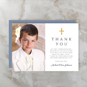 Modern Dusty Blue Cross Boy First Communion Photo Thank You Card