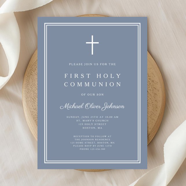 Modern Dusty Blue Cross Boy First Holy Communion Invitation (Modern Dusty Blue Cross Boy First Holy Communion Invitation)