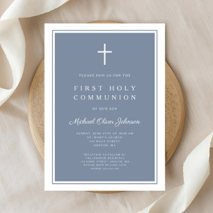 Modern Dusty Blue Cross Boy First Holy Communion Invitation