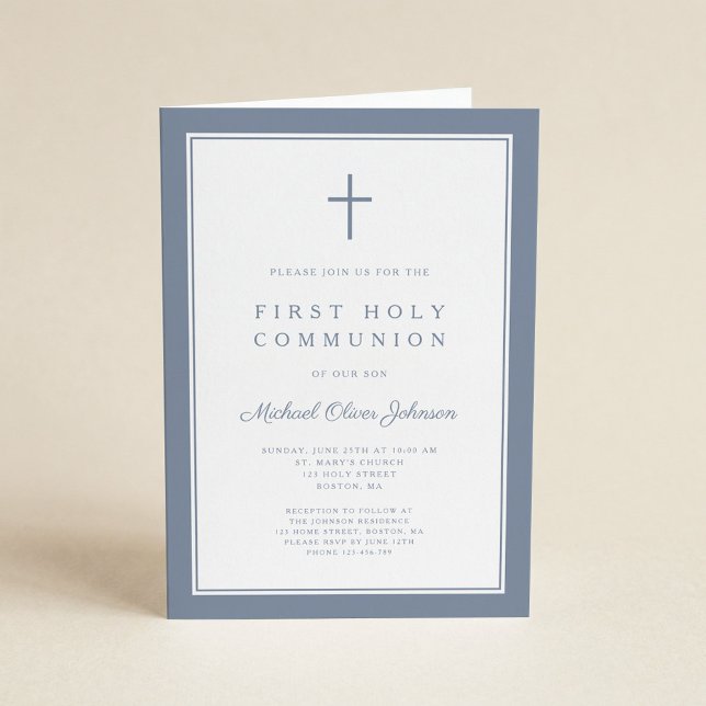 Modern Dusty Blue Cross Boy First Holy Communion Invitation (Creator Uploaded)
