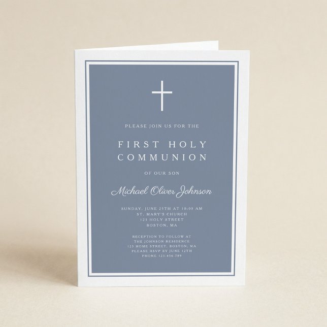 Modern Dusty Blue Cross Boy First Holy Communion Invitation (Creator Uploaded)