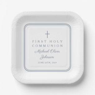Modern Dusty Blue Cross Boy First Holy Communion Paper Plates
