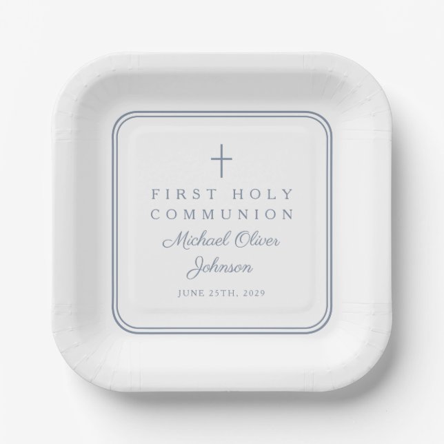 Modern Dusty Blue Cross Boy First Holy Communion Paper Plates (Front)