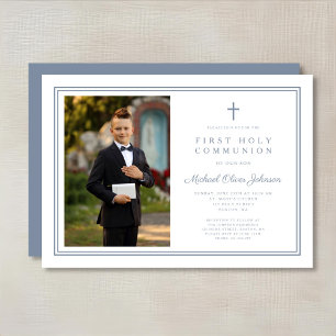 Modern Dusty Blue Cross Boy Photo First Communion Invitation