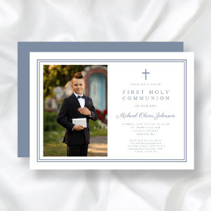 Modern Dusty Blue Cross Boy Photo First Communion Invitation