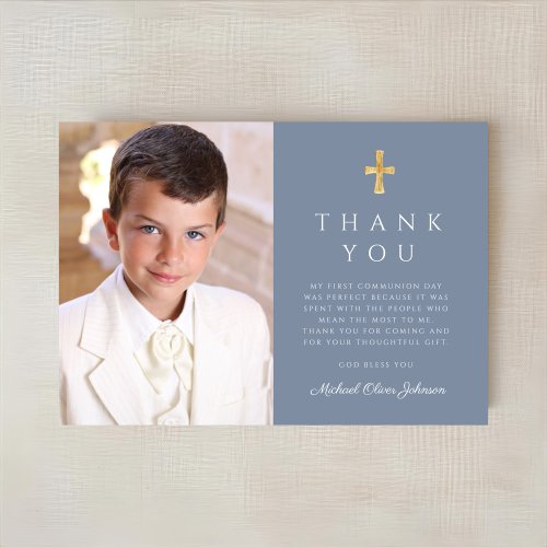 Modern Dusty Blue Cross Boy Photo First Communion