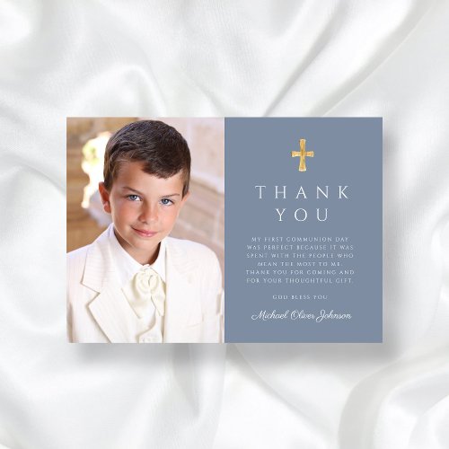 Modern Dusty Blue Cross Boy Photo First Communion Thank You Card