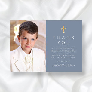 Modern Dusty Blue Cross Boy Photo First Communion Thank You Card