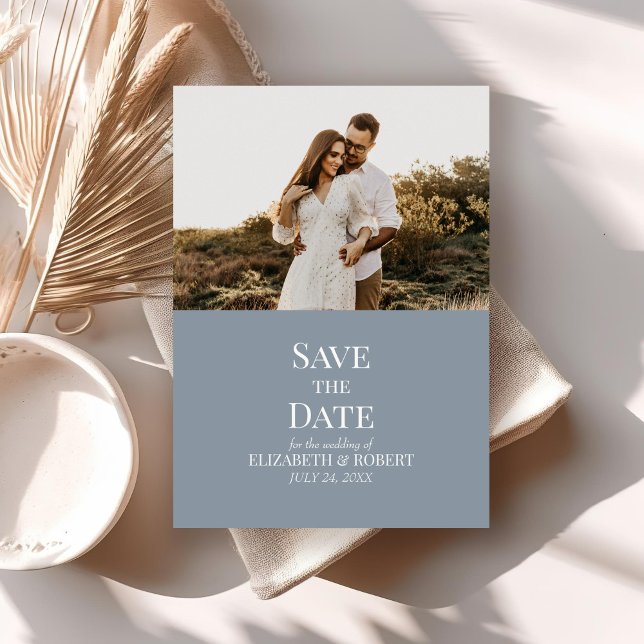 Modern Dusty Blue Custom Photo Save the Date Card (Modern Dusty Blue Custom Photo Save the Date Card on a neutral boho table with dry palm leaf.)