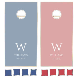 Modern Dusty Blue & Dusty Rose White Monogram Name Cornhole Set
