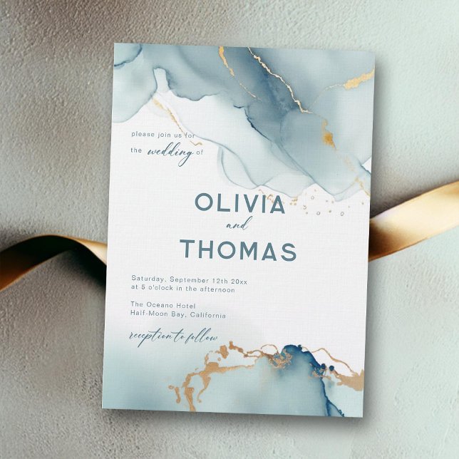 Modern Dusty Blue Elegant Bohemian Beach Wedding Invitation (dusty blue beach wedding invitation modern elegant bohemian romantic teal gold calligraphy boho chic)