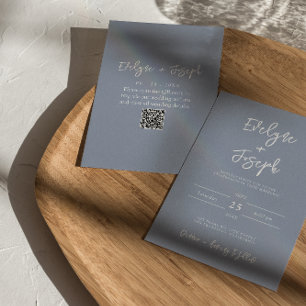 Modern Dusty Blue Elegant Boho QR Code Wedding Invitation
