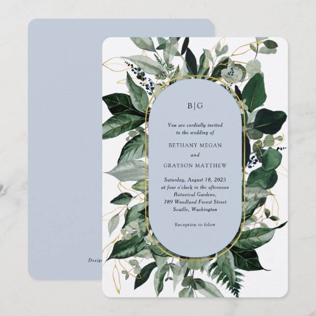 Modern Dusty Blue Elegant Botanical Garden Wedding Invitation (Front/Back)