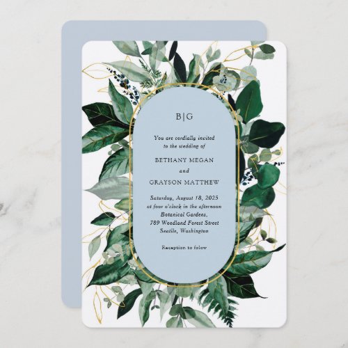 Modern Dusty Blue Elegant Botanical Garden Wedding Invitation