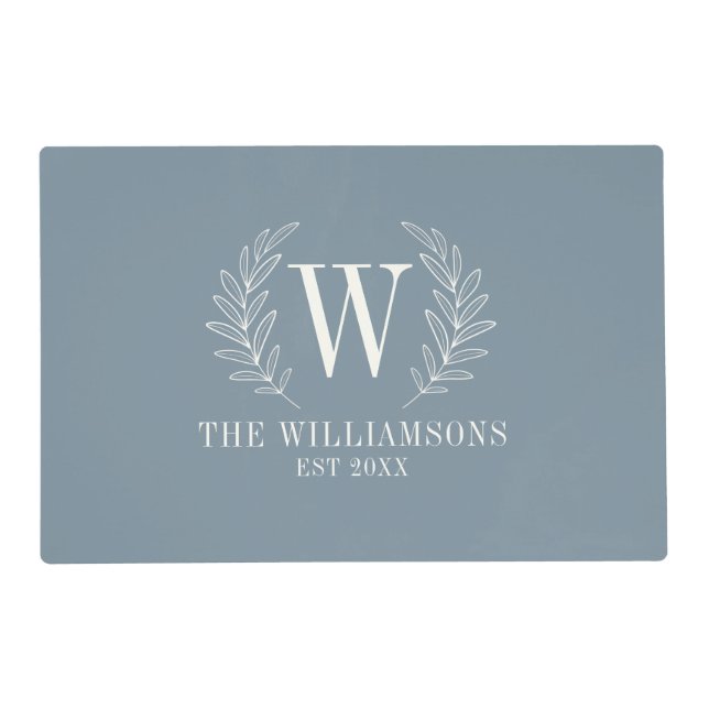 Modern Dusty Blue Elegant Monogram Placemat (Front)