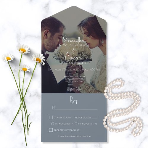 Modern Dusty Blue Elegant Photo Dinner All In One Invitation