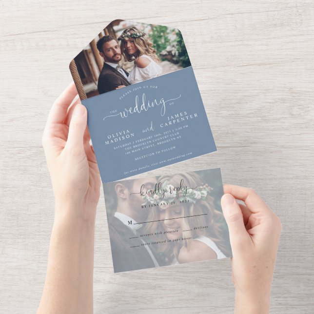 Modern Dusty Blue Elegant Script 2 Photo Wedding All In One Invitation (Tearaway)