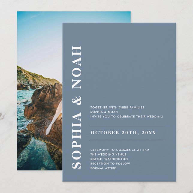 Modern Dusty Blue Elegant Simple Wedding Photo Invitation (Front/Back)