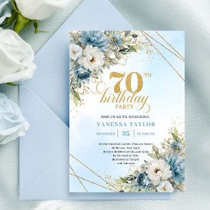 Modern dusty blue eucalyptus gold 70th birthday   invitation
