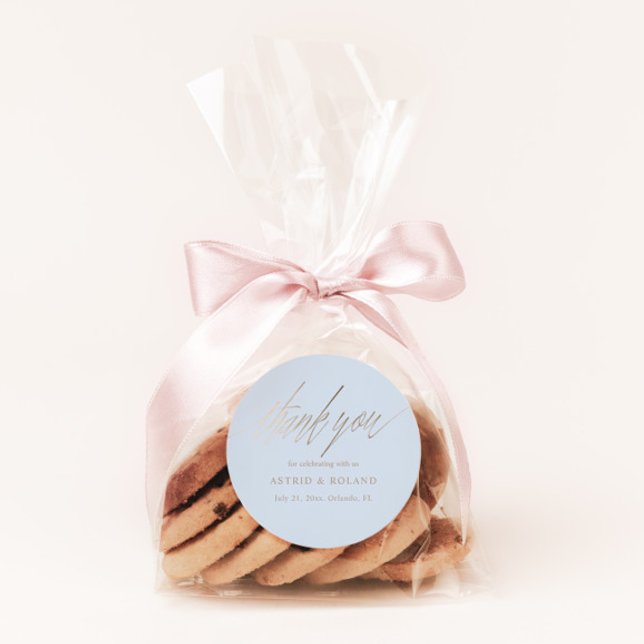 Modern Dusty Blue & Faux Gold Wedding Favor Classic Round Sticker (Creator Uploaded)