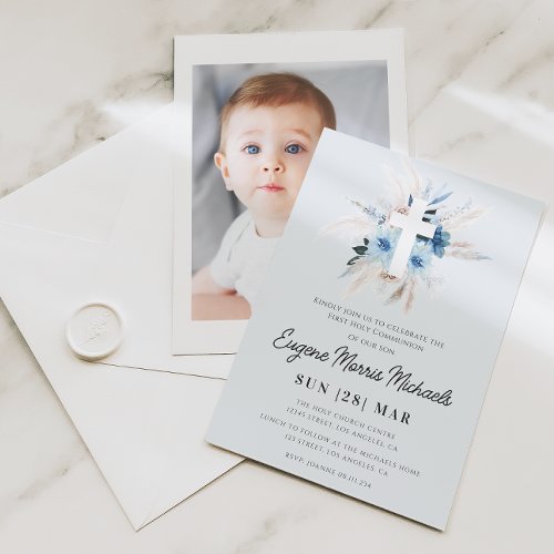 modern dusty blue first communion invitation