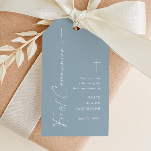 Modern Dusty Blue First Communion Thank You Favor Gift Tags