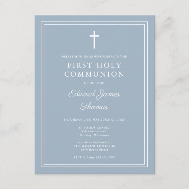 Modern Dusty Blue  First Holy Communion Invitation Postcard (Front)