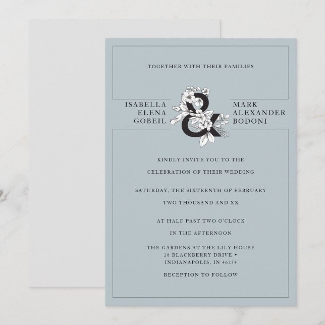 Modern Dusty Blue Floral Ampersand Wedding Invitation (Front/Back)