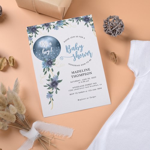 Modern Dusty Blue Floral Balloon Boy Baby Shower Invitation