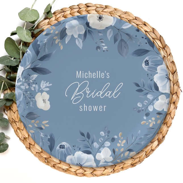 Modern Dusty Blue Floral Boho Bridal Shower Paper Plates (A stylish paper plate with dusty blue floral designs, placed on a woven charger with greenery accent)