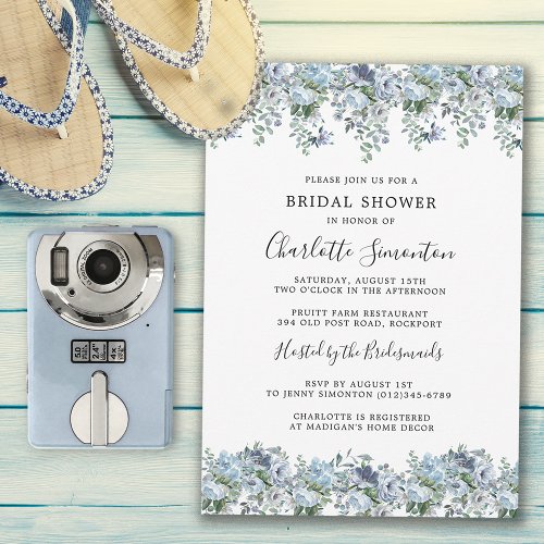 Modern Dusty Blue Floral Botanical Bridal Shower Invitation