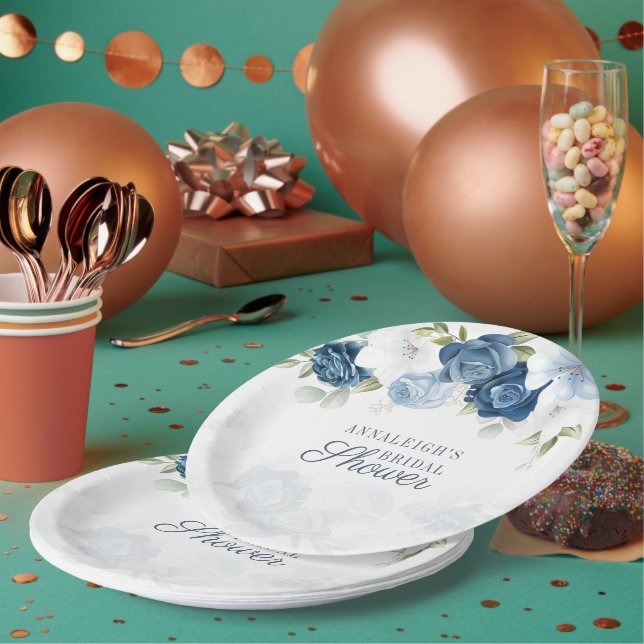 Modern Dusty Blue Floral Botanical Bridal Shower Paper Plates (Multi)