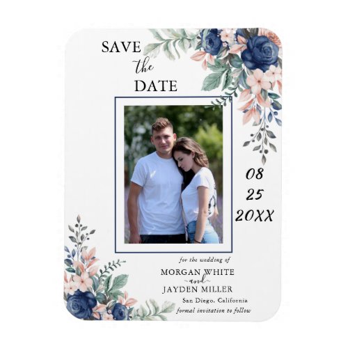 Modern Dusty Blue Floral Botanical Photo Wedding  Magnet