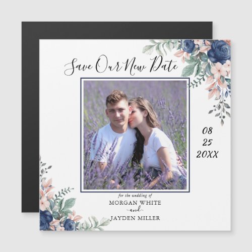 Modern Dusty Blue Floral Botanical Photo Wedding  Magnetic Invitation