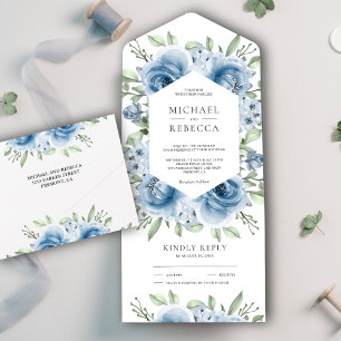 Modern Dusty Blue Floral Bouquet Greenery Wedding All In One Invitation