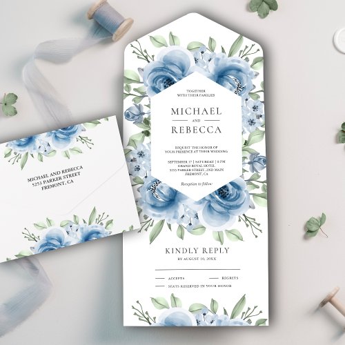 Modern Dusty Blue Floral Bouquet Greenery Wedding All In One Invitation