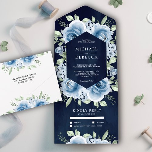 Modern Dusty Blue Floral Bouquet Navy Blue Wedding All In One Invitation