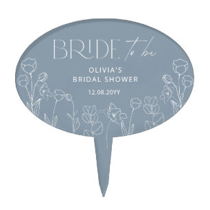 Modern Dusty Blue Floral Bridal Shower Cake Topper