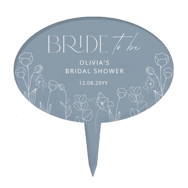 Modern Dusty Blue Floral Bridal Shower Cake Topper (Front)