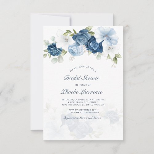 Modern Dusty Blue Floral Bridal Shower Invitation