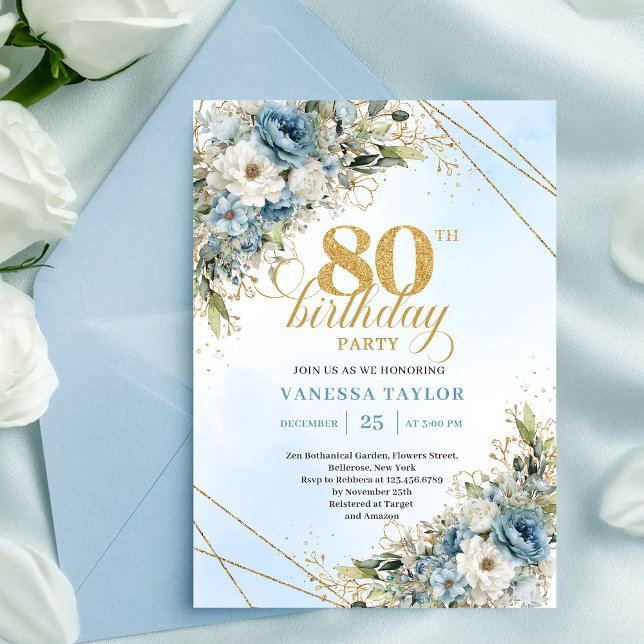 Modern Dusty Blue Floral Gold 80th Birthday Deluxe Invitation (Modern Dusty Blue Floral Gold 80th Birthday Card Deluxe

)