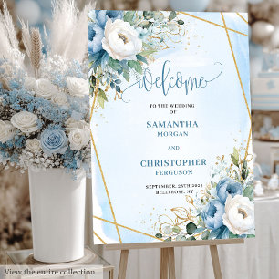 Modern Dusty Blue Floral Gold Frame Wedding Sign